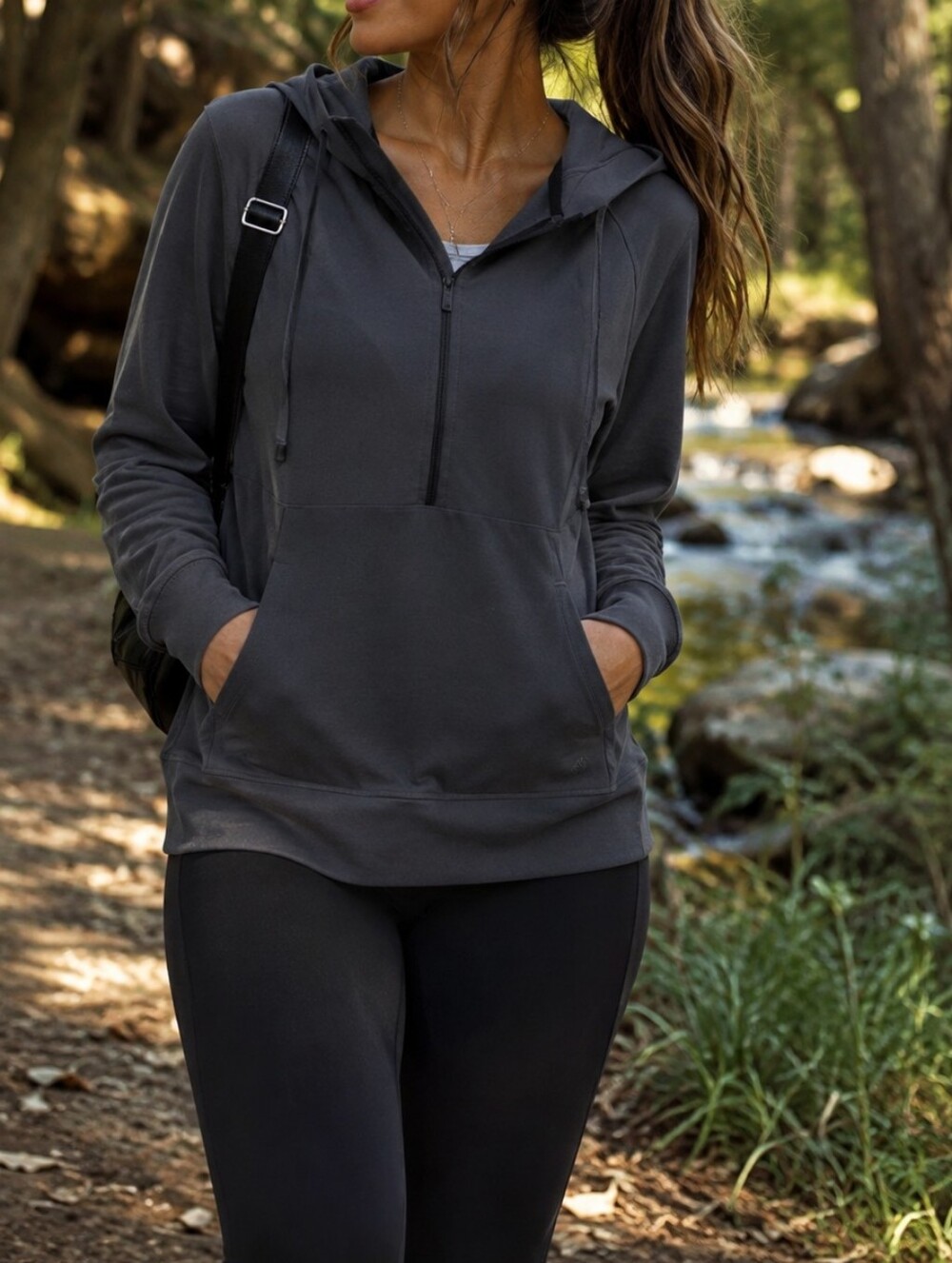 Shambhala Charcoal Gray Half Zip Hooded Pullover Sweater Athleisure Stretch